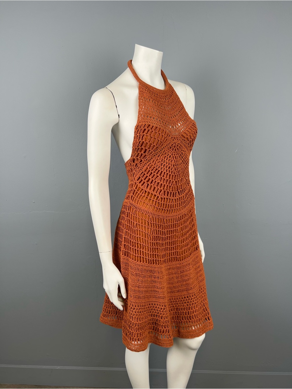 A.L.C. Backless Crochet Halter Dress in Rust Orange authenticated by theRealReal